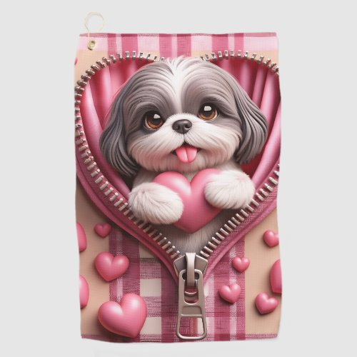 Cute 3D Shih Tzu in a Pink and White Background Golf Towel