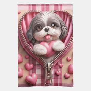 Cute 3D Shih Tzu in a Pink and White Background Kitchen Towel
