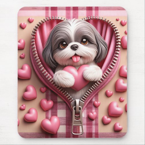 Cute 3D Shih Tzu in a Pink and White Background Mouse Pad