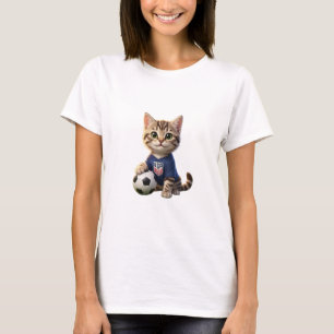 Cute 3D Tabby Cat Soccer Mascot USA Blue Jersey  T-Shirt
