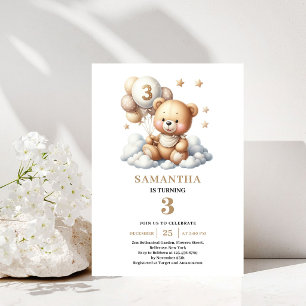Cute 3rd Birthday Invite Teddy Bear Gold Balloons