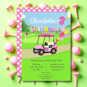 Cute 3rd Birthday Polka Dot Pink Girly Golf Invitation