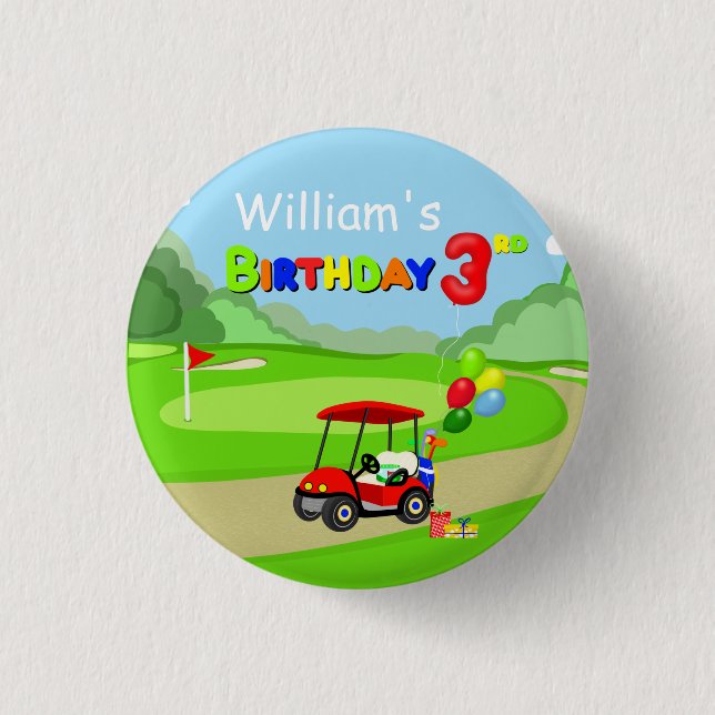 Cute 3rd Birthday Red Golf Cart Boy's Button (Front)
