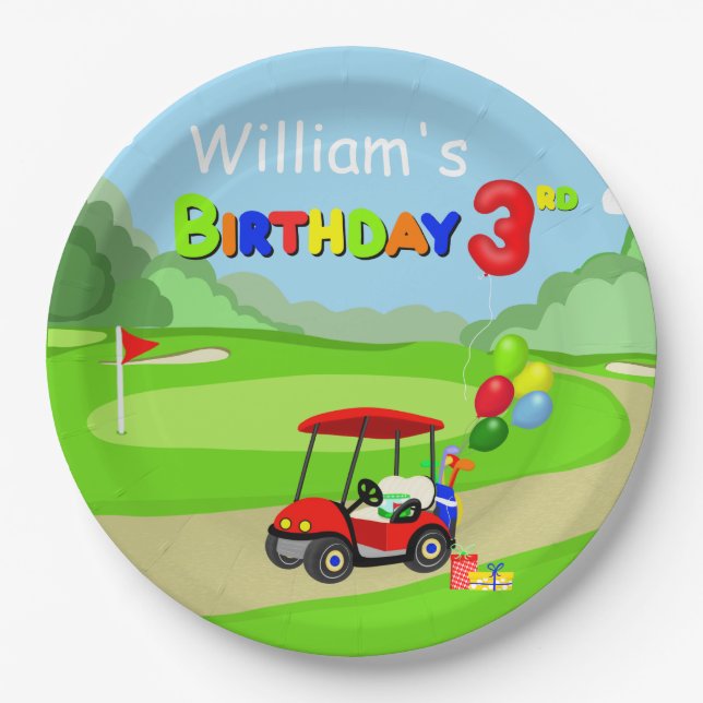 Cute 3rd Birthday Red Golf Cart Boy's Paper Plates (Front)