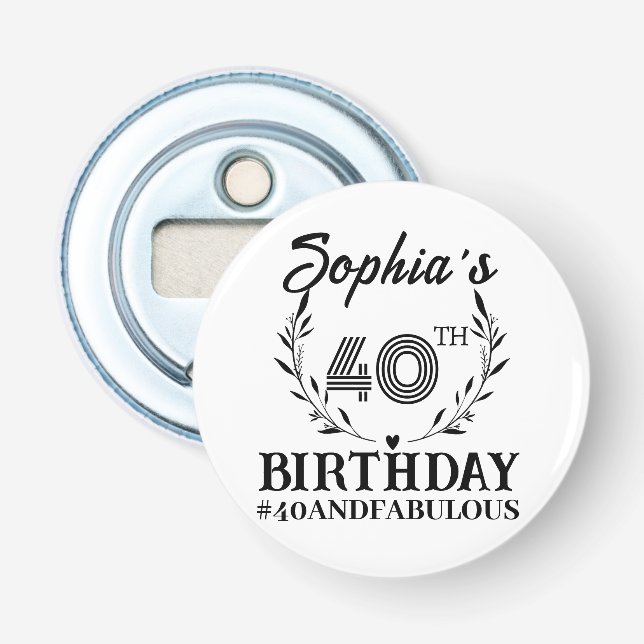 Cute 40th Birthday Celebration Name Black Text Bottle Opener (Front)