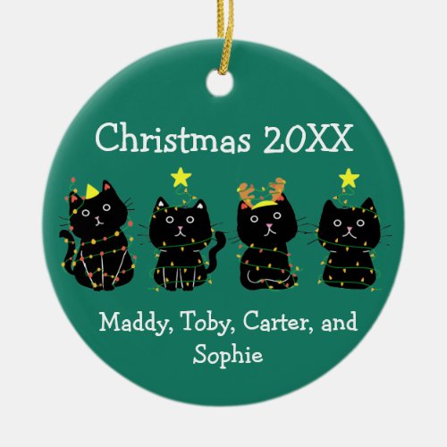 Cute 4 Cat Christmas Lights Custom Names Green Ceramic Ornament