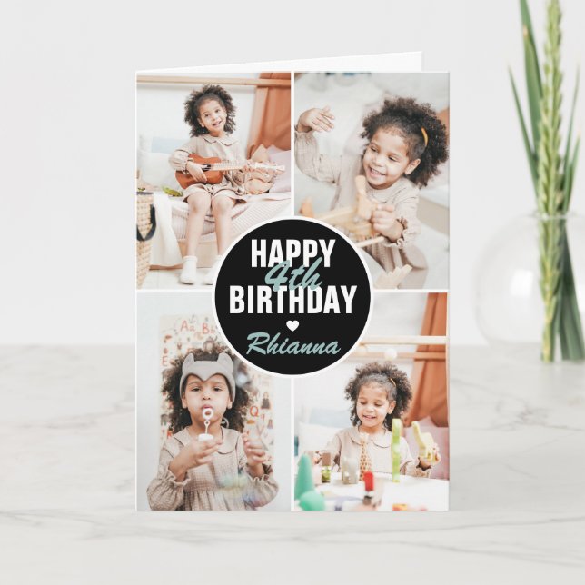 Cute 4 Photo Birthday Card Any Age | Custom Color (Front)