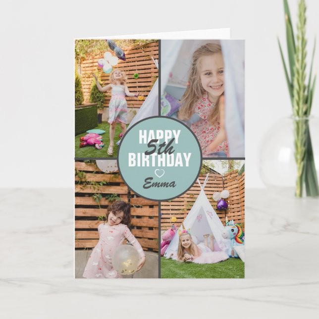 Cute 4 Photo Birthday Card Any Age | Custom Color (Front)