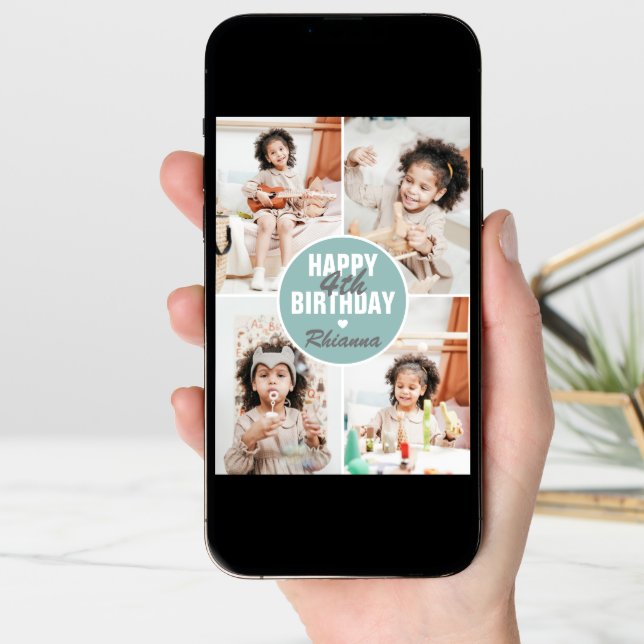 Cute 4 Photo Birthday Card Any Age | Custom Color (Front Digital)