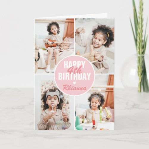Cute 4 Photo Birthday Card Any Age  Custom Color