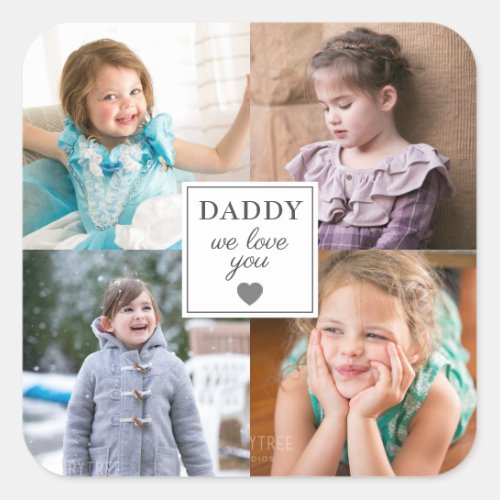 Cute 4 Photo Collage Heart Fathers Day Square Sticker