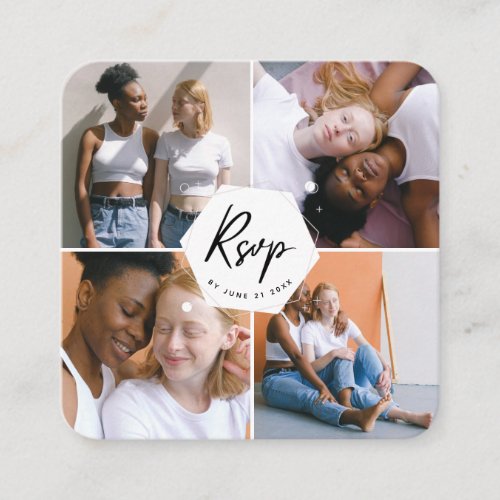 Cute 4 Photo Collage LGBTQ Gay Couple RSVP QR Code Enclosure Card