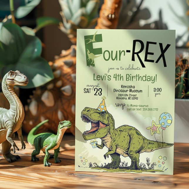 Cute 4-REX Funny Dinosaur Boy 4th Birthday Party Invitation (Cute Cartoon T-Rex Dinosaur wearing a birthday hat, Four-Rex 4th birthday party invitation, green)