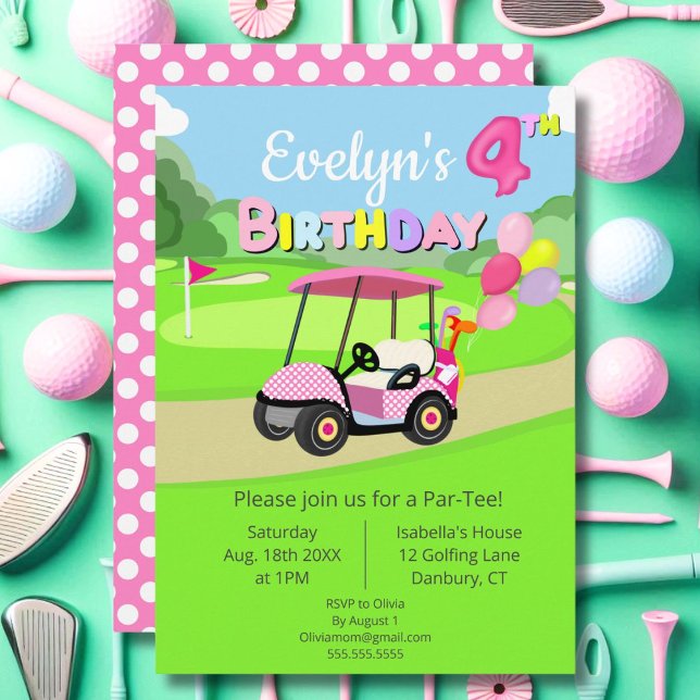 Cute 4th Birthday Polka Dot Pink Girly Golf  Invitation (Creator Uploaded)