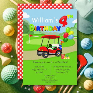 Cute 4th Birthday Red Golf Cart Boy's Invitation