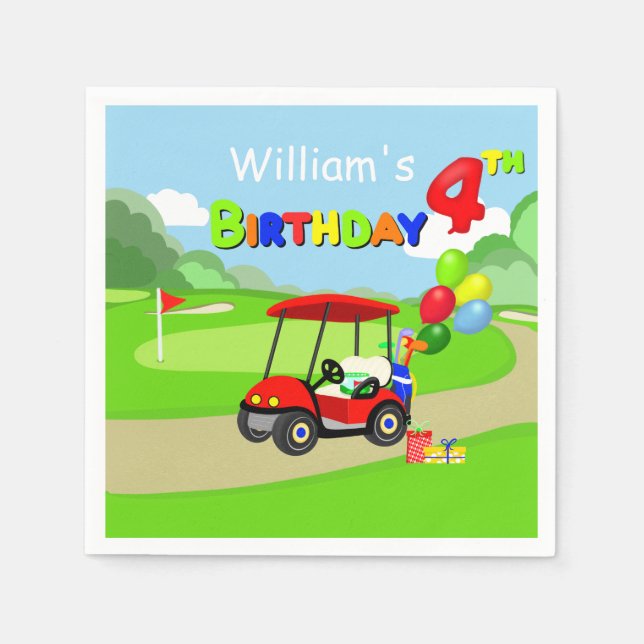  Cute 4th Birthday Red Golf Cart Boy's Napkins (Front)