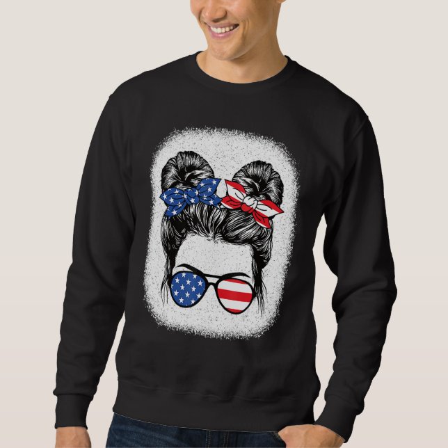Cute 4th Of July Messy Bun Girl American Flag Patr Sweatshirt (Front)