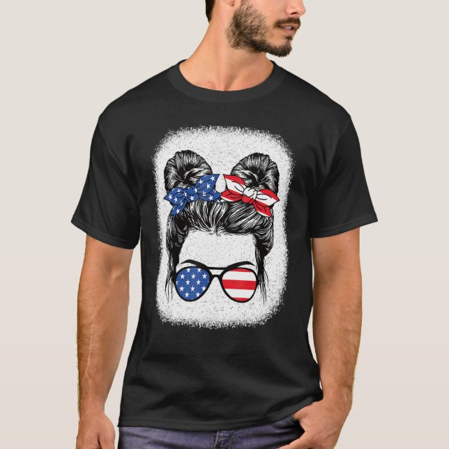 Cute 4th Of July Messy Bun Girl American Flag Patr T-Shirt (Front)