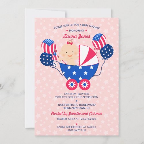 Cute 4th of July Patriotic Baby Girl Baby Shower Invitation