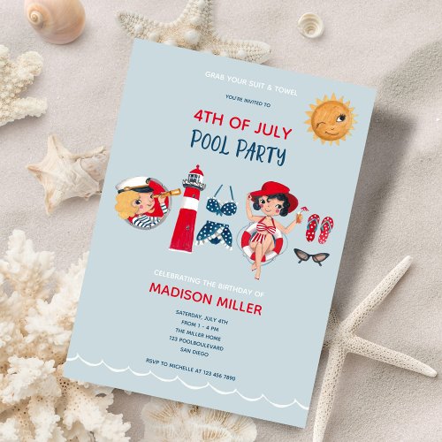 Cute 4th of july pool party  invitation