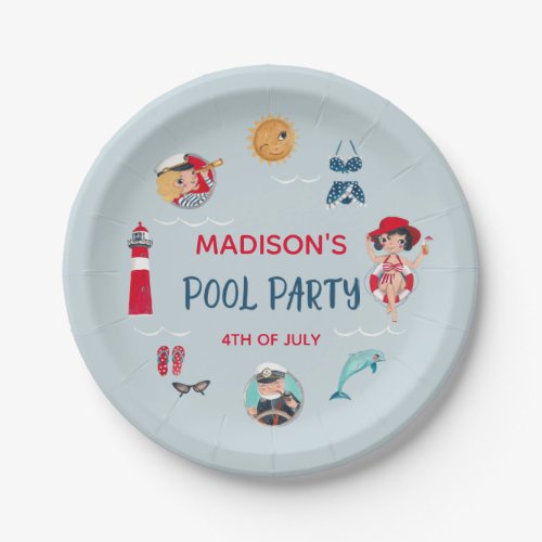Cute 4th of july pool party  invitation paper plates