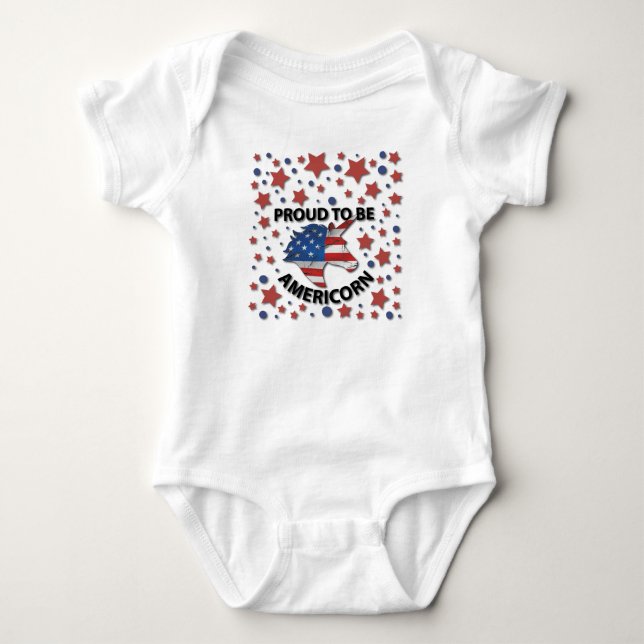 Cute 4th of July red, white and blue Americorn Baby Bodysuit (Front)