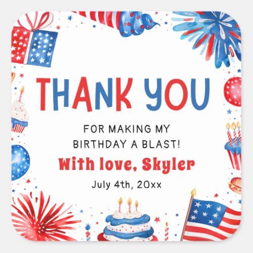 Cute 4th of July Red White Blue Birthday Thank you Square Sticker