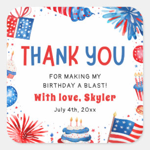 Cute 4th of July Red White Blue Birthday Thank you Square Sticker