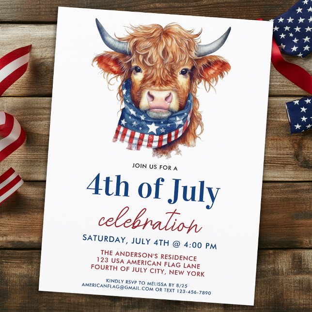 Cute 4th Of July Red White Blue Patriotic Cow Invitation Postcard (Creator Uploaded)