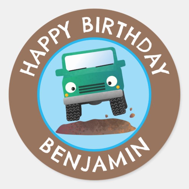 Cute 4X4 off road vehicle cartoon personalized Classic Round Sticker (Front)