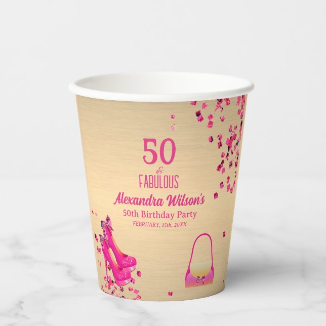 Cute 50& Fabulous High Heels Gold Hot Pink Glitter Paper Cups (Front)