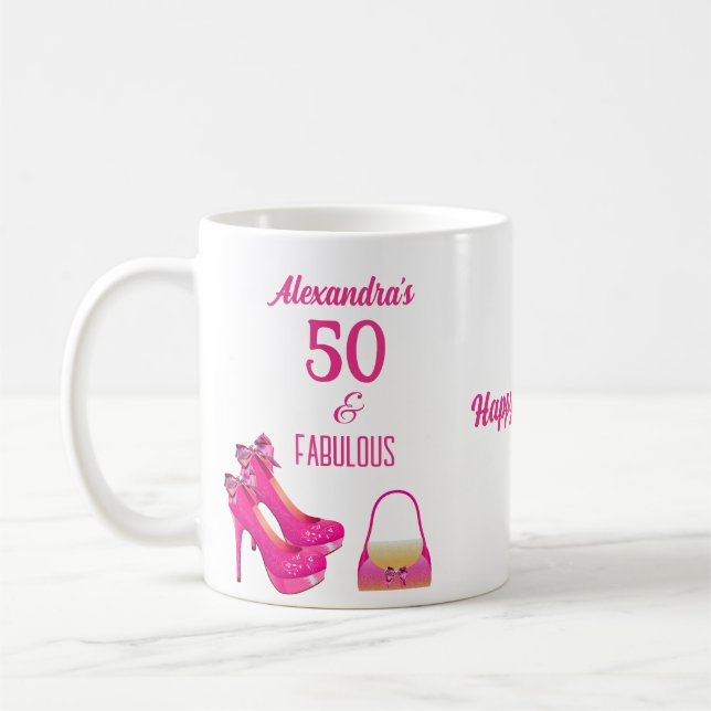 Cute 50th Birthday Hot Pink High Heels Name Gift  Coffee Mug (Left)