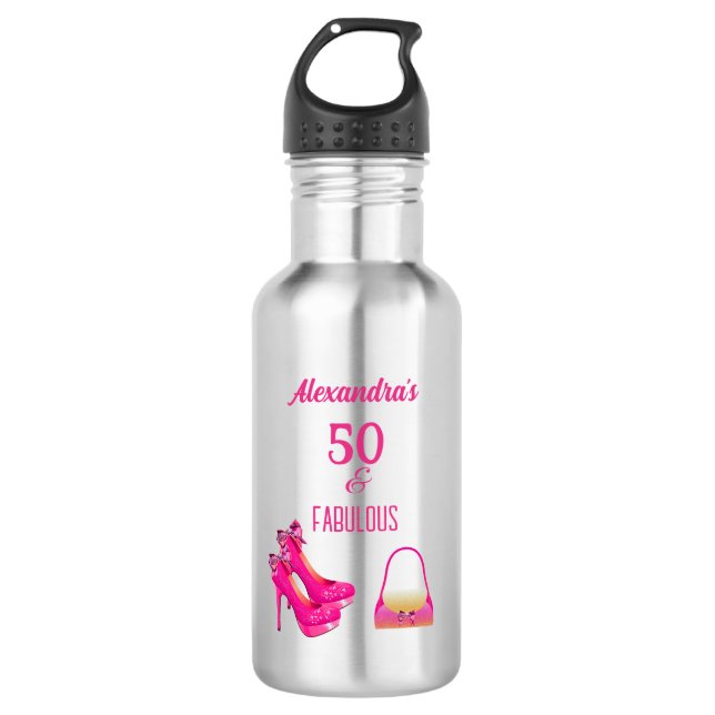 Cute 50th Birthday Hot Pink High Heels Name Gift  Stainless Steel Water Bottle (Front)