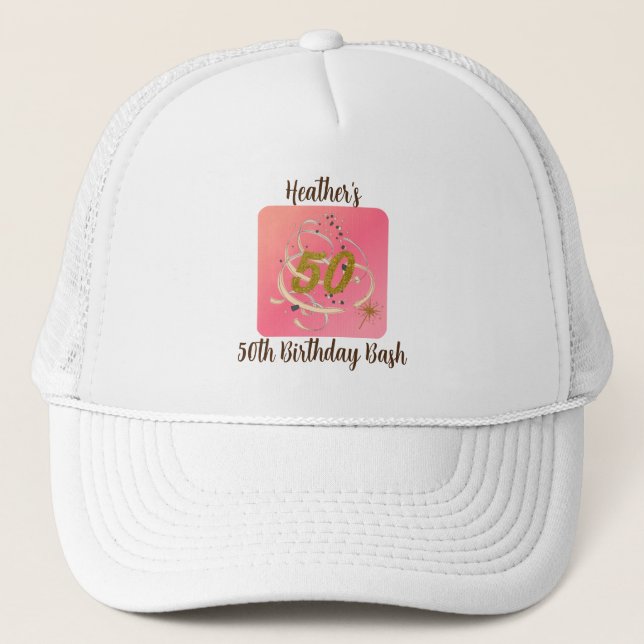 Cute 50th Birthday White and Pink Trucker Hat (Front)