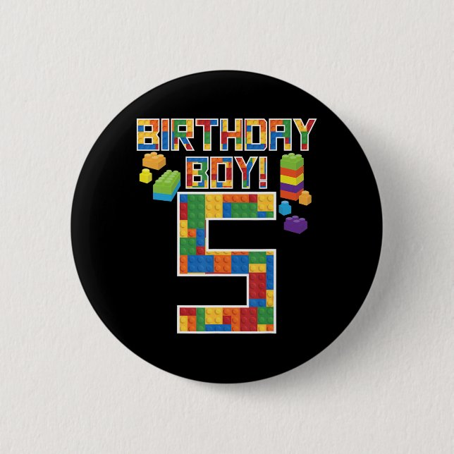 Cute 5th Birthday Gift 5 Years Old Block Building  Button (Front)