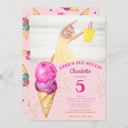 Cute 5th birthday heres the scoop ice cream photo invitation