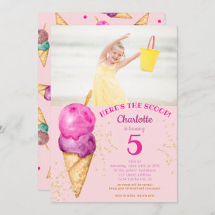 Cute 5th birthday here's the scoop ice cream photo invitation