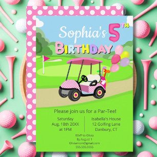 Cute 5th Birthday Polka Dot Pink Girly Golf Invitation