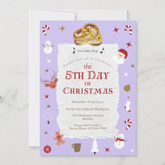 Cute 5th Day of Christmas Five Golden Rings Party Invitation (Front)