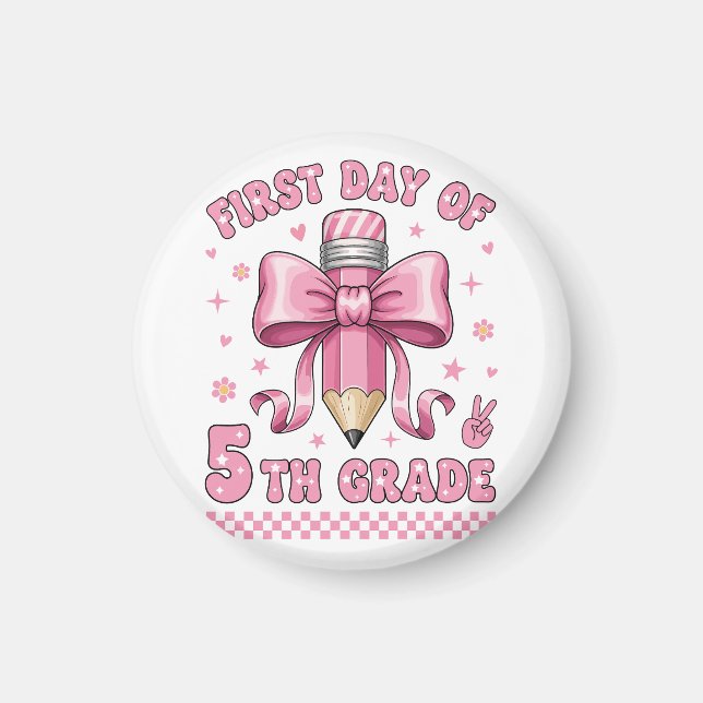 Cute 5th Grade Girl Pink Bow Groovy Pencil Design Magnet (Front)