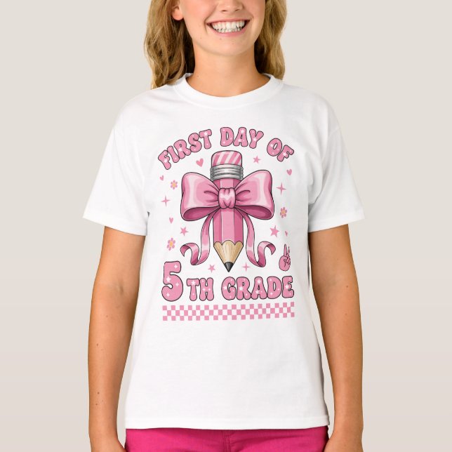 Cute 5th Grade Girl Pink Bow Groovy Pencil Design  T-Shirt (Front)