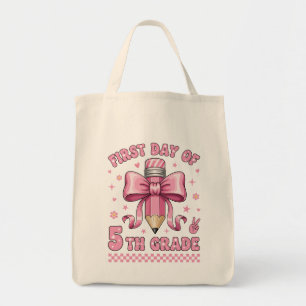 Cute 5th Grade Girl Pink Bow Groovy Pencil Design Tote Bag