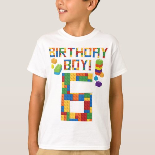 Cute 6th Birthday Gift 6 Years Old Block Building  T_Shirt