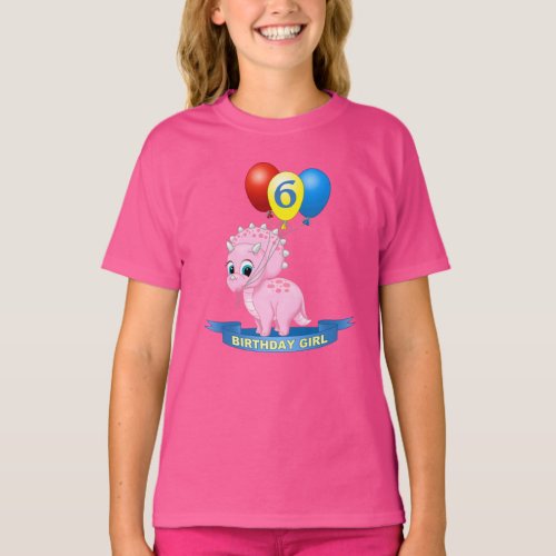 Cute 6th Birthday Girl Pink Baby Triceratops Dino T_Shirt