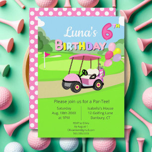 Cute 6th Birthday Polka Dot Pink Girly Golf Invitation