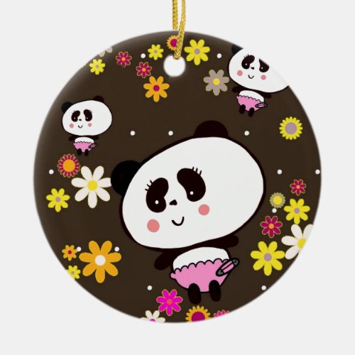 Cute 70s panda Baby Kawaii Doodles by LeahG Ceramic Ornament