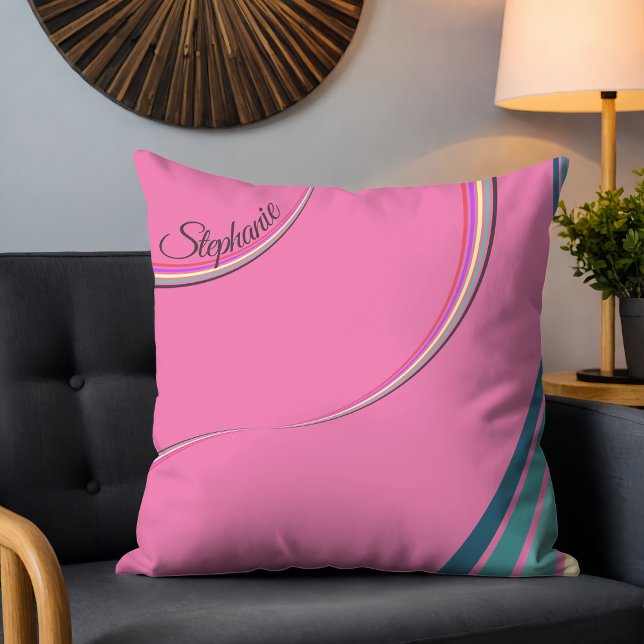 Cute 70s Retro Chic Stripes Personalized Pink Throw Pillow (Creator Uploaded)
