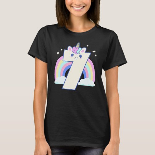 Cute 7 Birthday Girl Unicorn Party Kawaii Rainbow T_Shirt