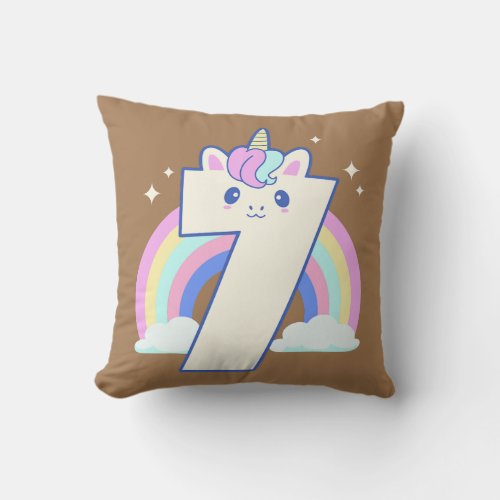 Cute 7 Birthday Girl Unicorn Party Kawaii Rainbow Throw Pillow