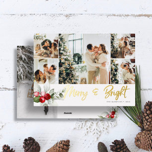 Cute 7 Photo Collage Handwritten Merry And Bright Foil Holiday Card